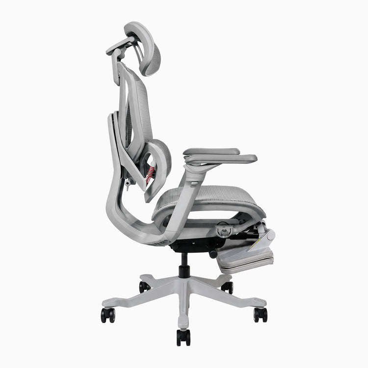 Chaise de bureau ergonomique Desky Contourra en blanc avec repose-pieds, vue de cÎté