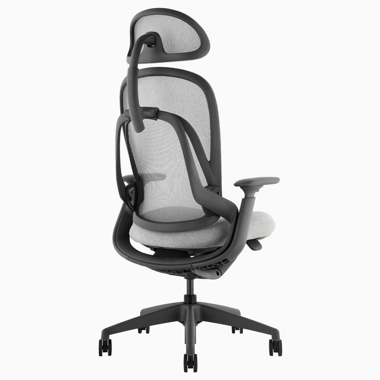 Desky Pivot Ergonomic Office Task Chair in Grey with headrest, rear angle