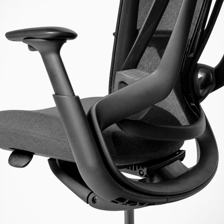 Desky Pivot Ergonomic Office Task Chair, armrest and seat frame detail