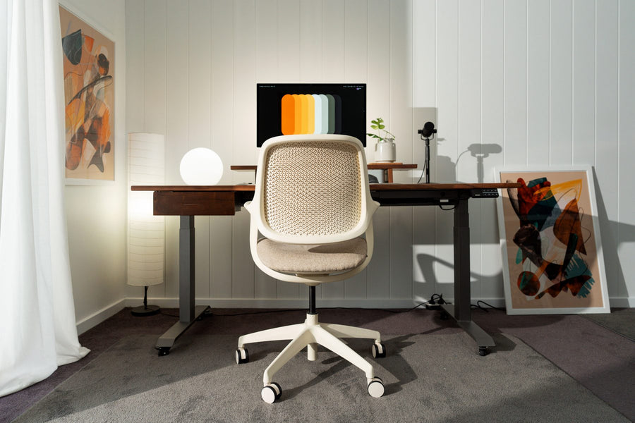 Desky Evoque Low Back Office Chair in Wheat at a Desky Dual Hardwood desk