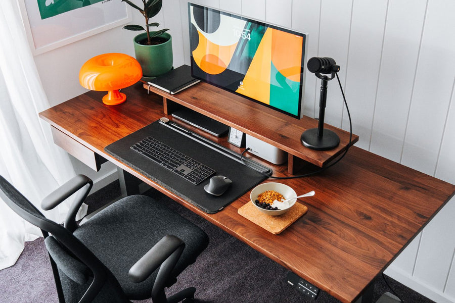 Desky Dual Hardwood Sit Stand Desk in Walnut with Minimal Under Desk Drawer and Minimal Monitor Stand
